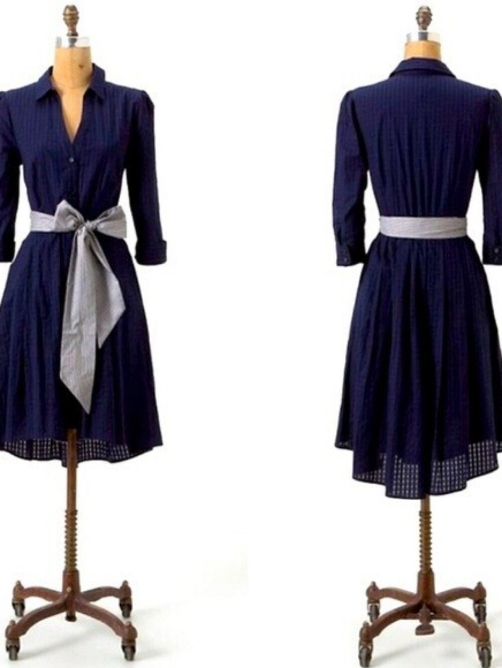 Moulinette Soeurs Navy Blue Midi Shirt Dress with Blue And White Striped Belt